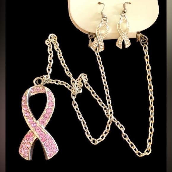 Pink Rhinestone Ribbon Necklace & Earring Set Breast Cancer Awareness Jewelry - Picture 3 of 6